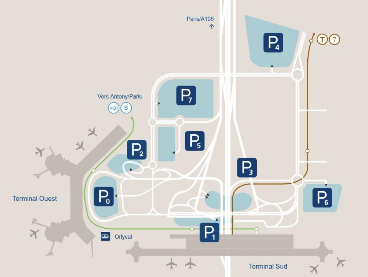 Mapa de l'aeroport d'Orly aparcament
